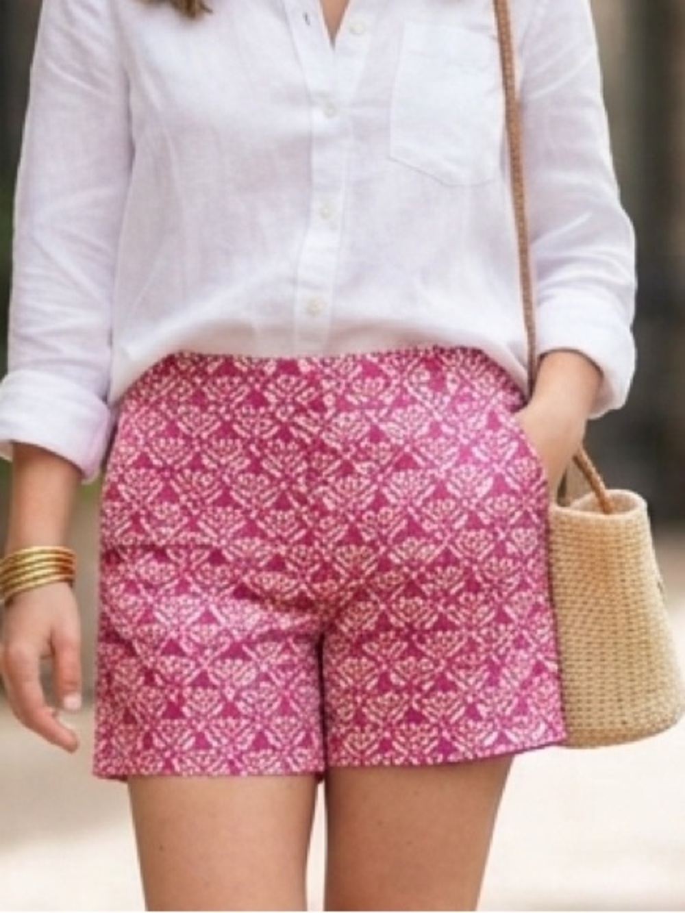 LOFT Summertime Travel Casual Pink Patterned Button/Zip Bermuda Cotton Shorts